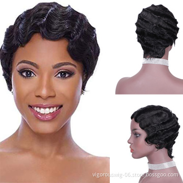 Vigorous 6 Colors Finger Wave Short Human Hair Wigs Non Lace Front Pixie Cut Wig for Black Women Brazilian Bob Wigs